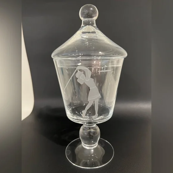 Vintage Woman Playing Golf Etched Art Glass Lidded Apothecary Candy Dish Rare - Picture 4 of 8